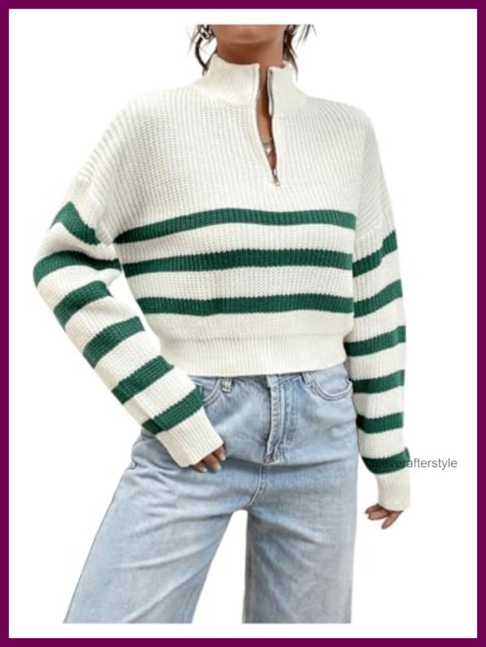 Y2k Striped Crop Sweater Half Zip High Neck Preppy Long Sleeve Pullover